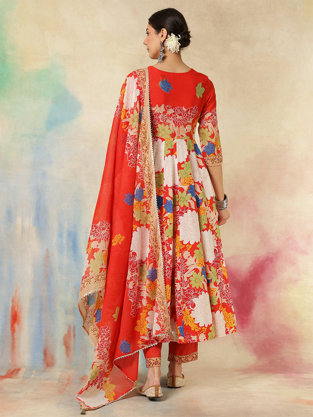 Cotton Flared Printed A-Line3/4 Sleeves Round Neck Kurta Suit Set With Dupatta