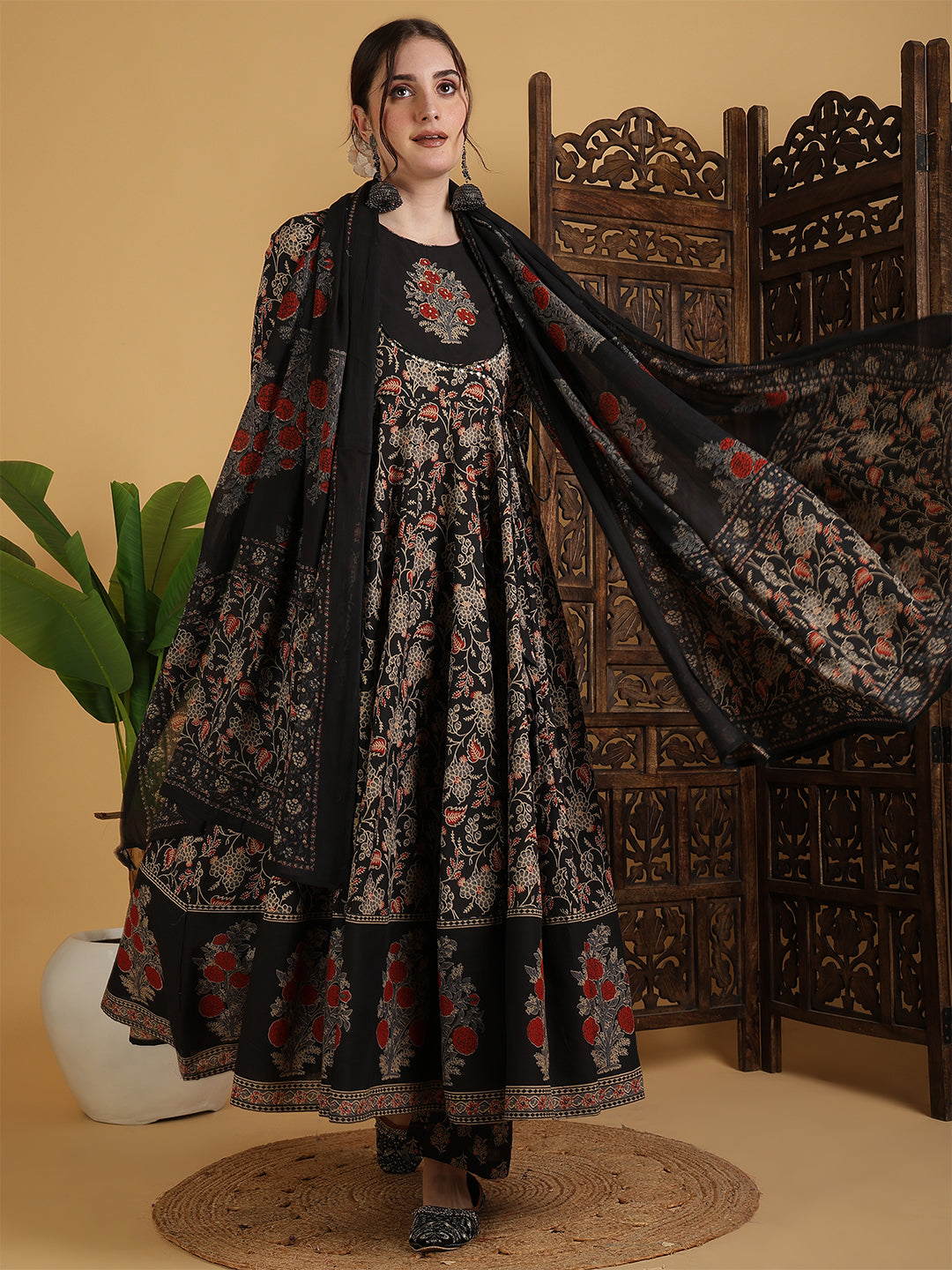 Cotton Flared Printed Embroidered A-Line3/4 Sleeves Round Neck Kurta Suit Set With Dupatta