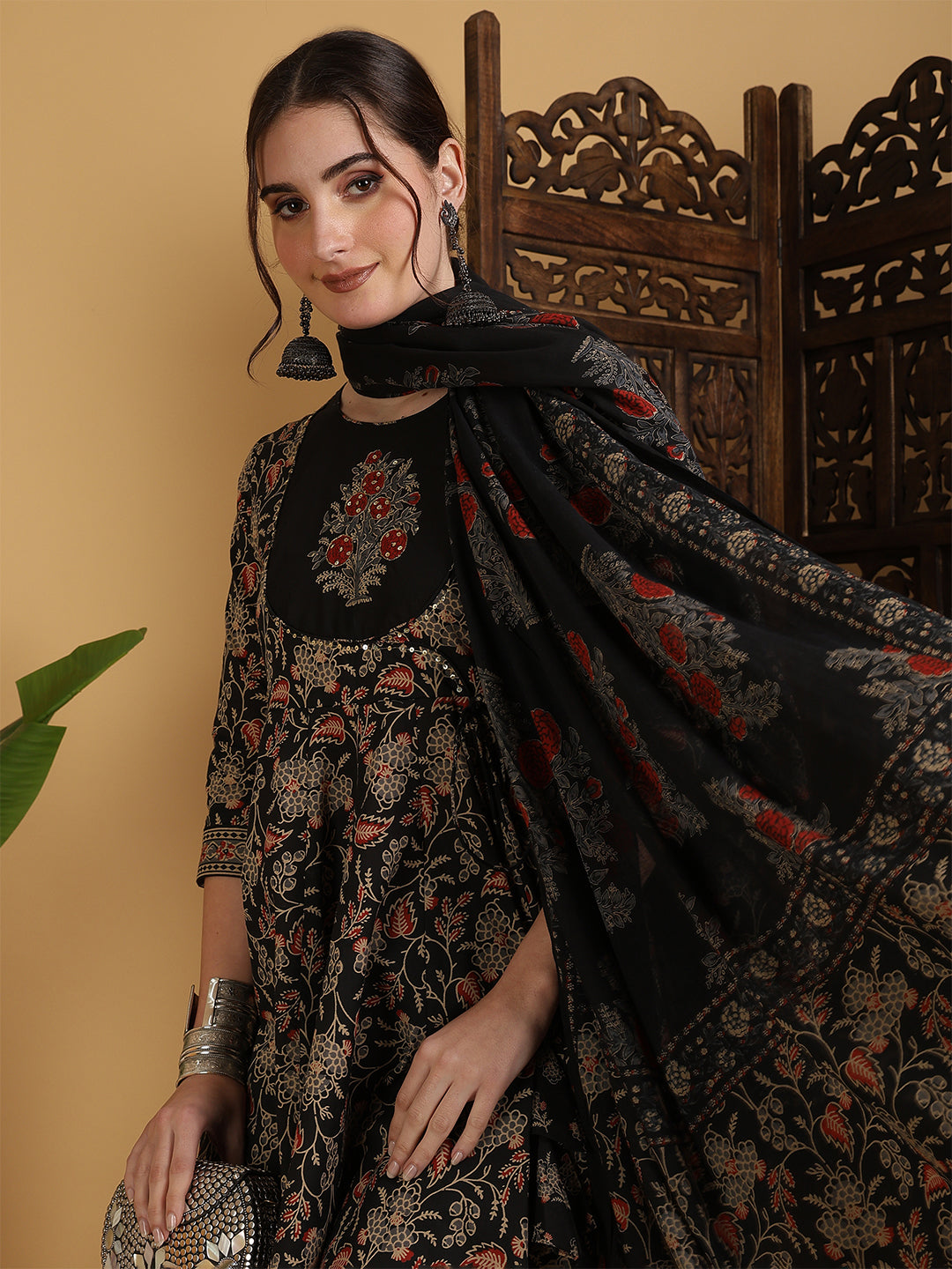 Cotton Flared Printed Embroidered A-Line3/4 Sleeves Round Neck Kurta Suit Set With Dupatta
