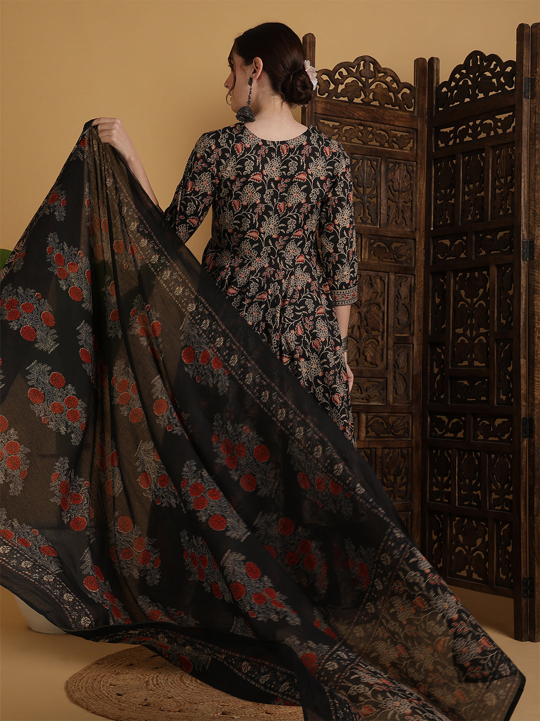 Cotton Flared Printed Embroidered A-Line3/4 Sleeves Round Neck Kurta Suit Set With Dupatta