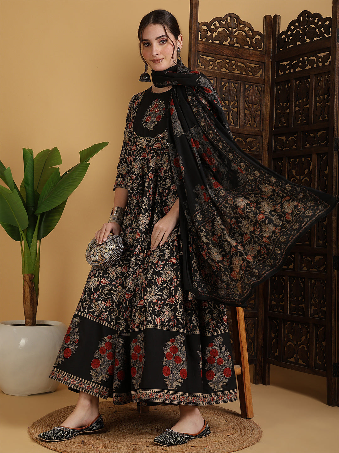 Cotton Flared Printed Embroidered A-Line3/4 Sleeves Round Neck Kurta Suit Set With Dupatta