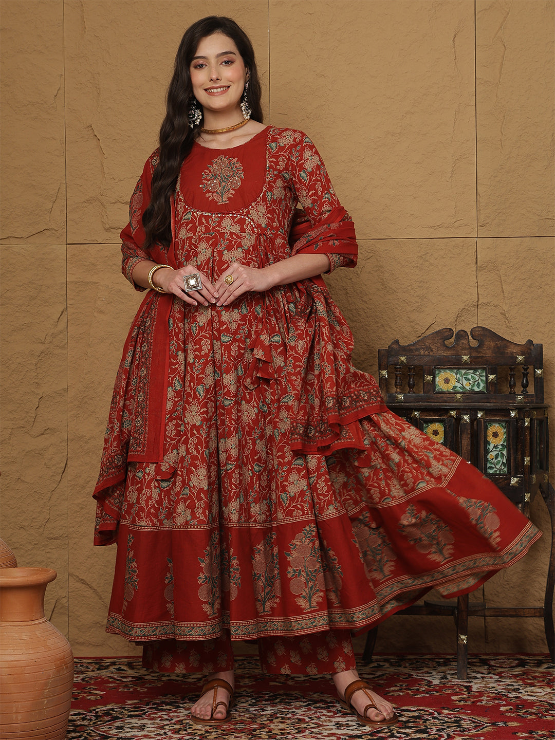 Cotton Calf Length Printed 3/4 Sleeves Round Neck Anarkali Kurta Bottom With Dupatta (Preorder)