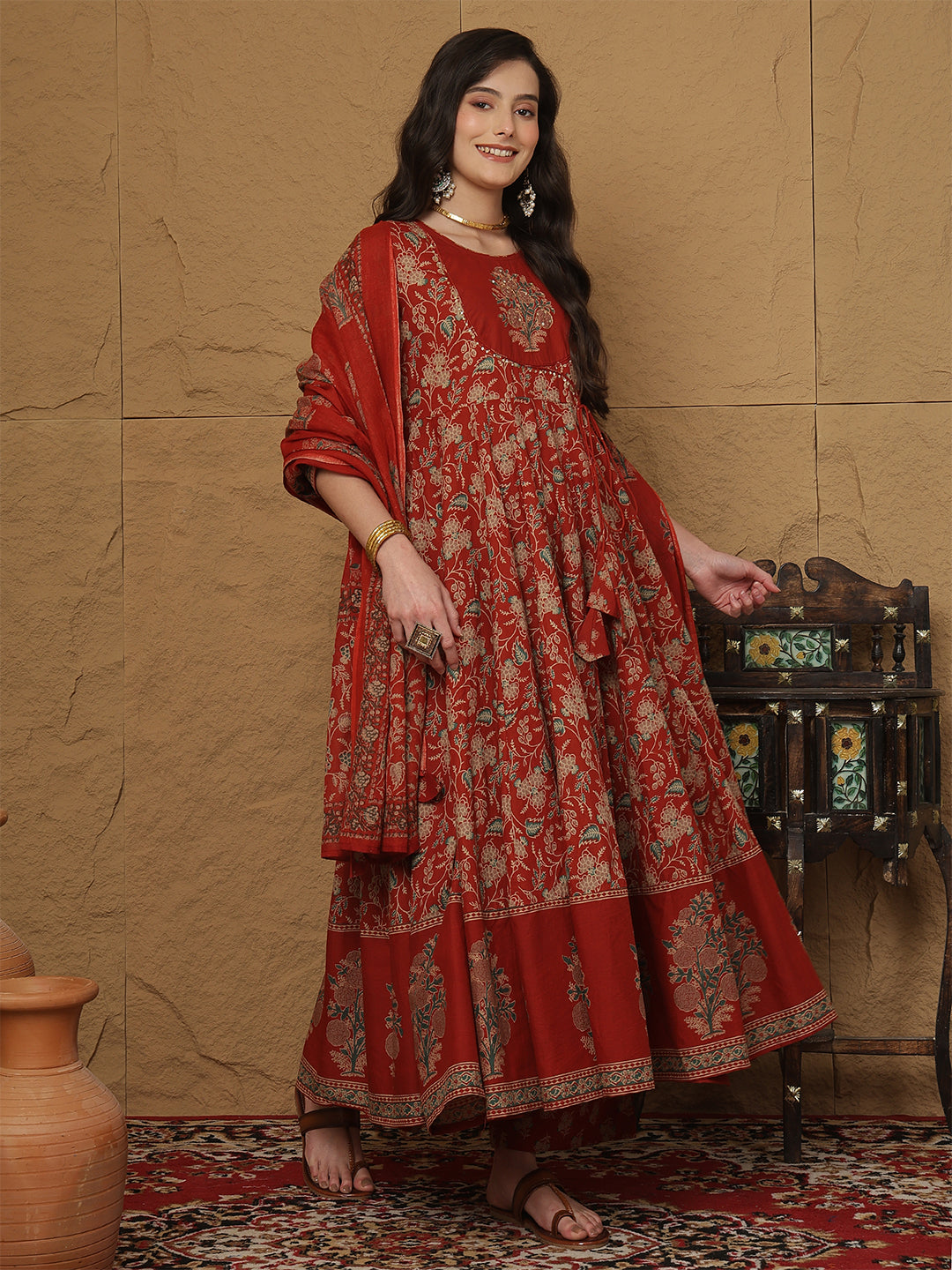 Cotton Calf Length Printed 3/4 Sleeves Round Neck Anarkali Kurta Bottom With Dupatta