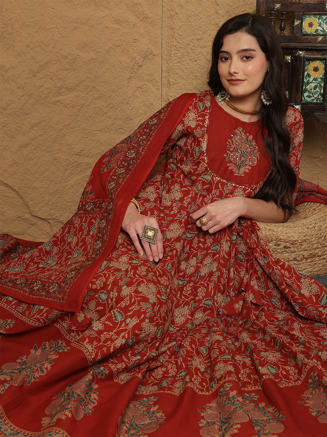 Cotton Calf Length Printed 3/4 Sleeves Round Neck Anarkali Kurta Bottom With Dupatta