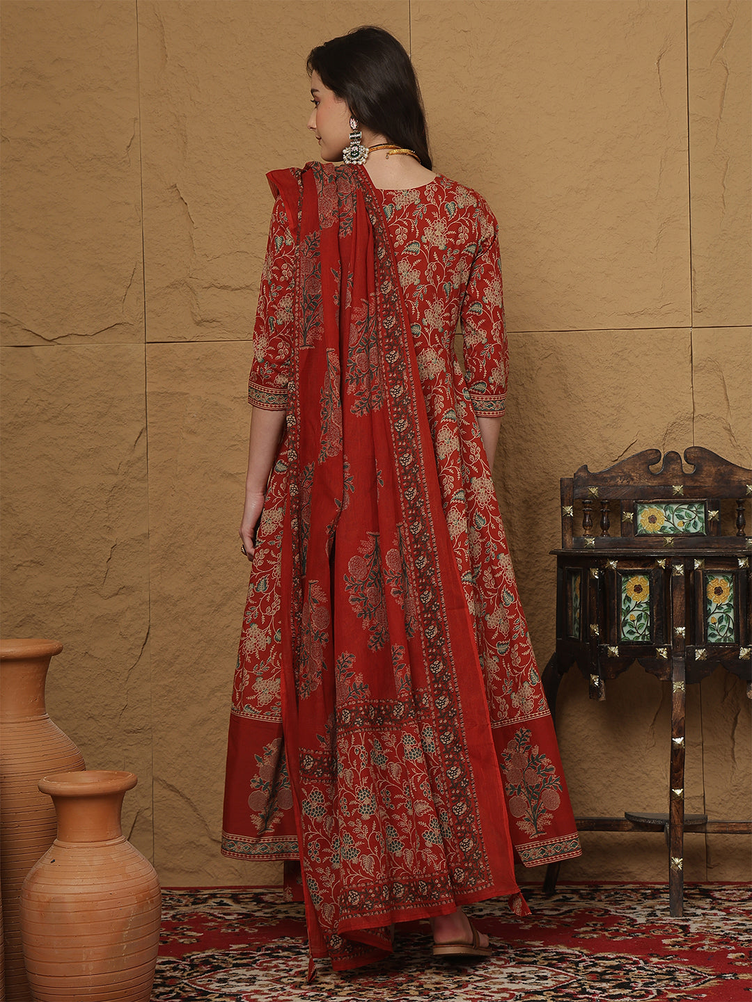Cotton Calf Length Printed 3/4 Sleeves Round Neck Anarkali Kurta Bottom With Dupatta