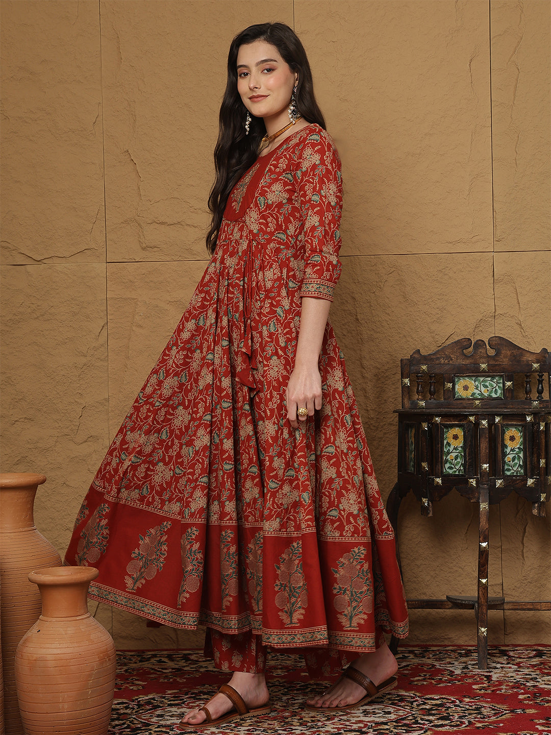 Cotton Calf Length Printed 3/4 Sleeves Round Neck Anarkali Kurta Bottom With Dupatta