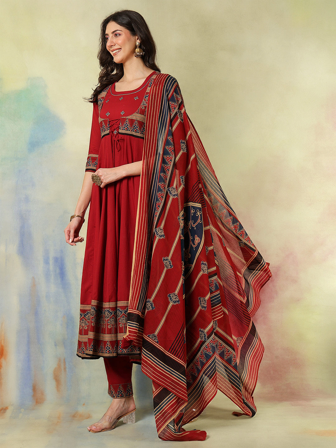 Cotton Calf Length Printed Embroidered A-Line3/4 Sleeves Round Neck Kurta Suit Set With Dupatta