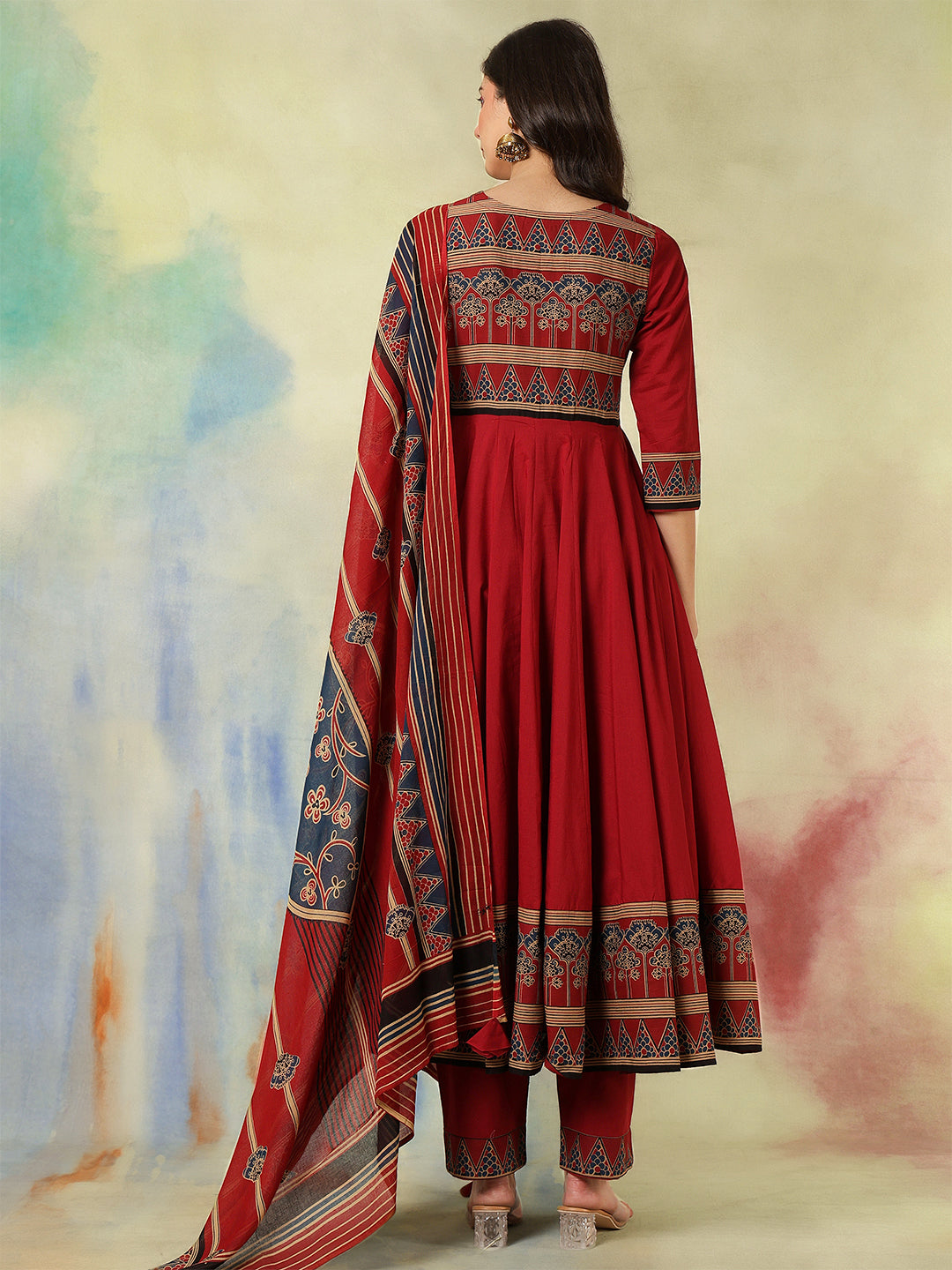 Cotton Calf Length Printed Embroidered A-Line3/4 Sleeves Round Neck Kurta Suit Set With Dupatta