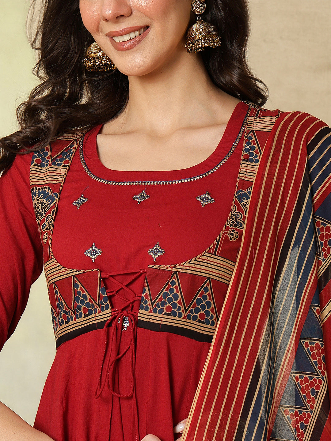 Cotton Calf Length Printed Embroidered A-Line3/4 Sleeves Round Neck Kurta Suit Set With Dupatta