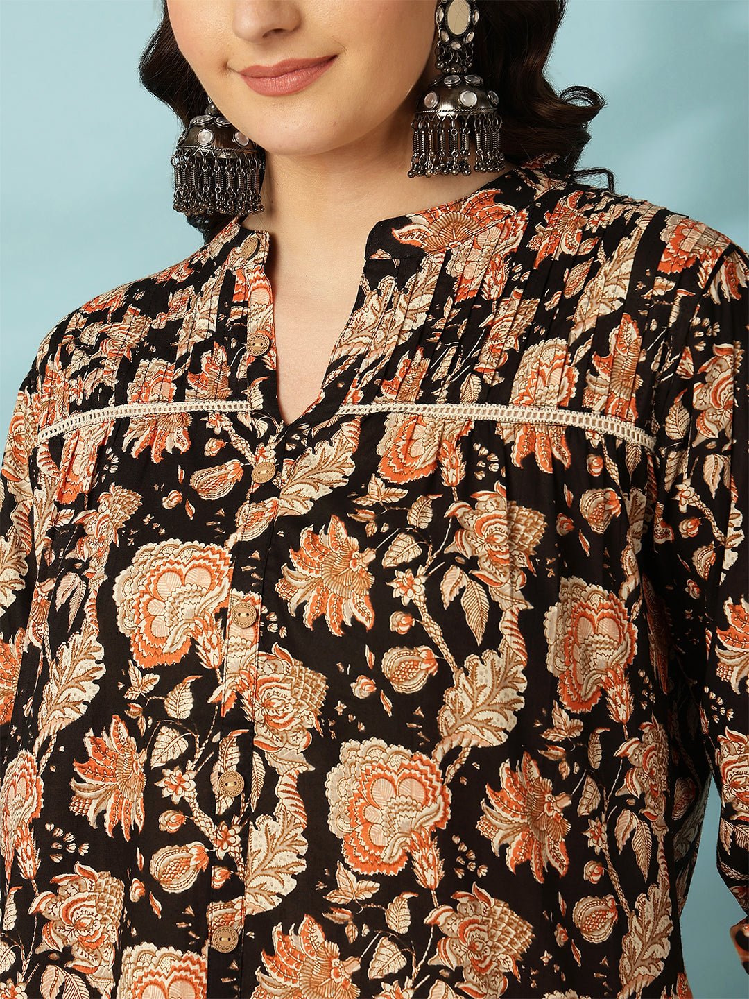 Printed 3/4 Sleeves Regular Pure Cotton (Black) Top