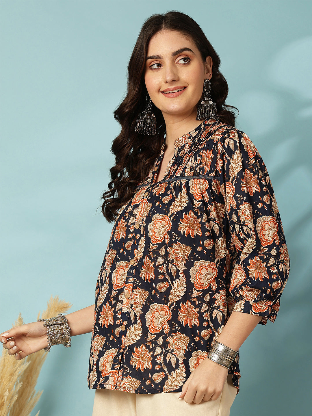 Printed 3/4 Sleeves Regular Pure Cotton (Blue) Top