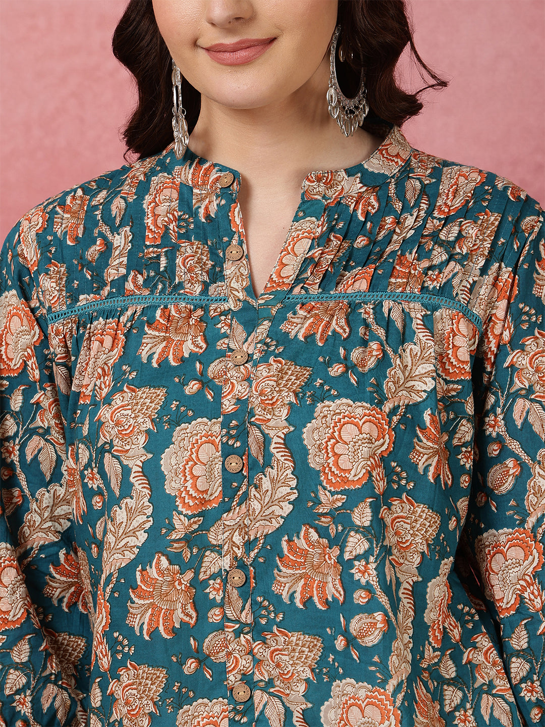 Printed 3/4 Sleeves Regular Pure Cotton (Teal) Top