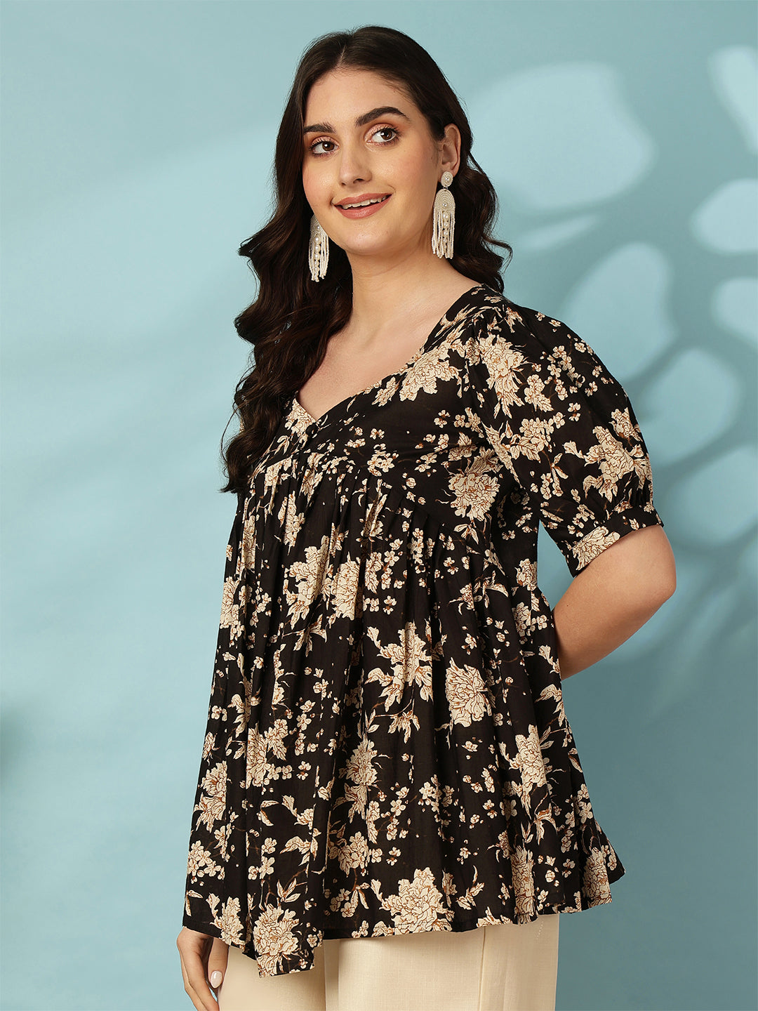 Printed Short Sleeve Regular Pure Cotton (Black) Top