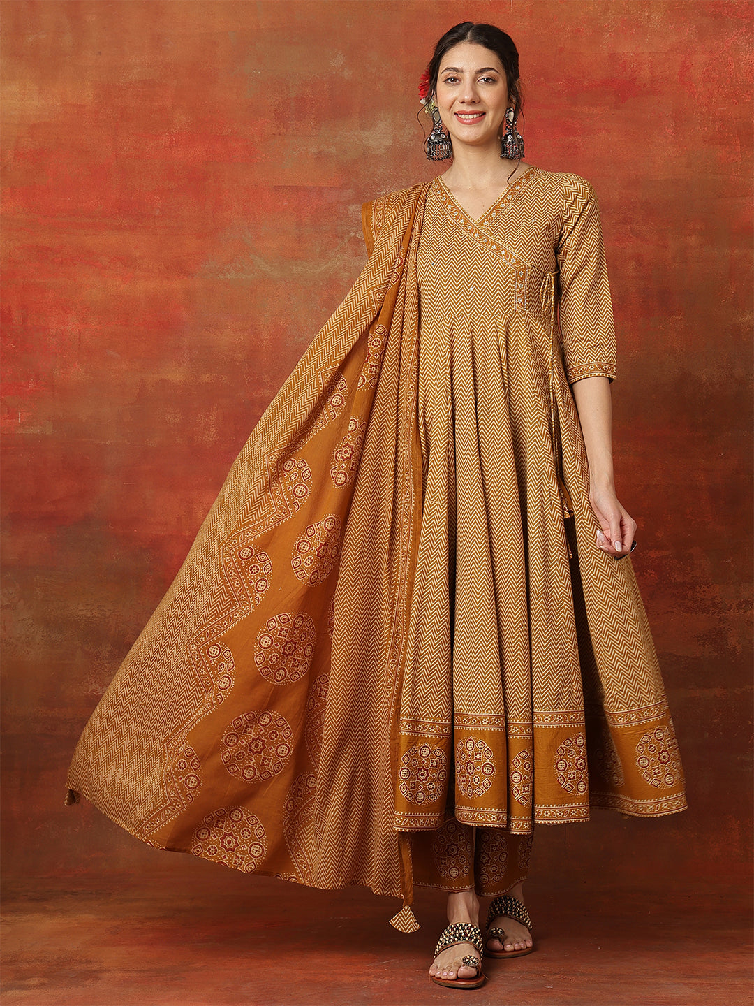Cotton Calf Length Printed 3/4 Sleeves V-Neck Anarkali Kurta Bottom With Dupatta