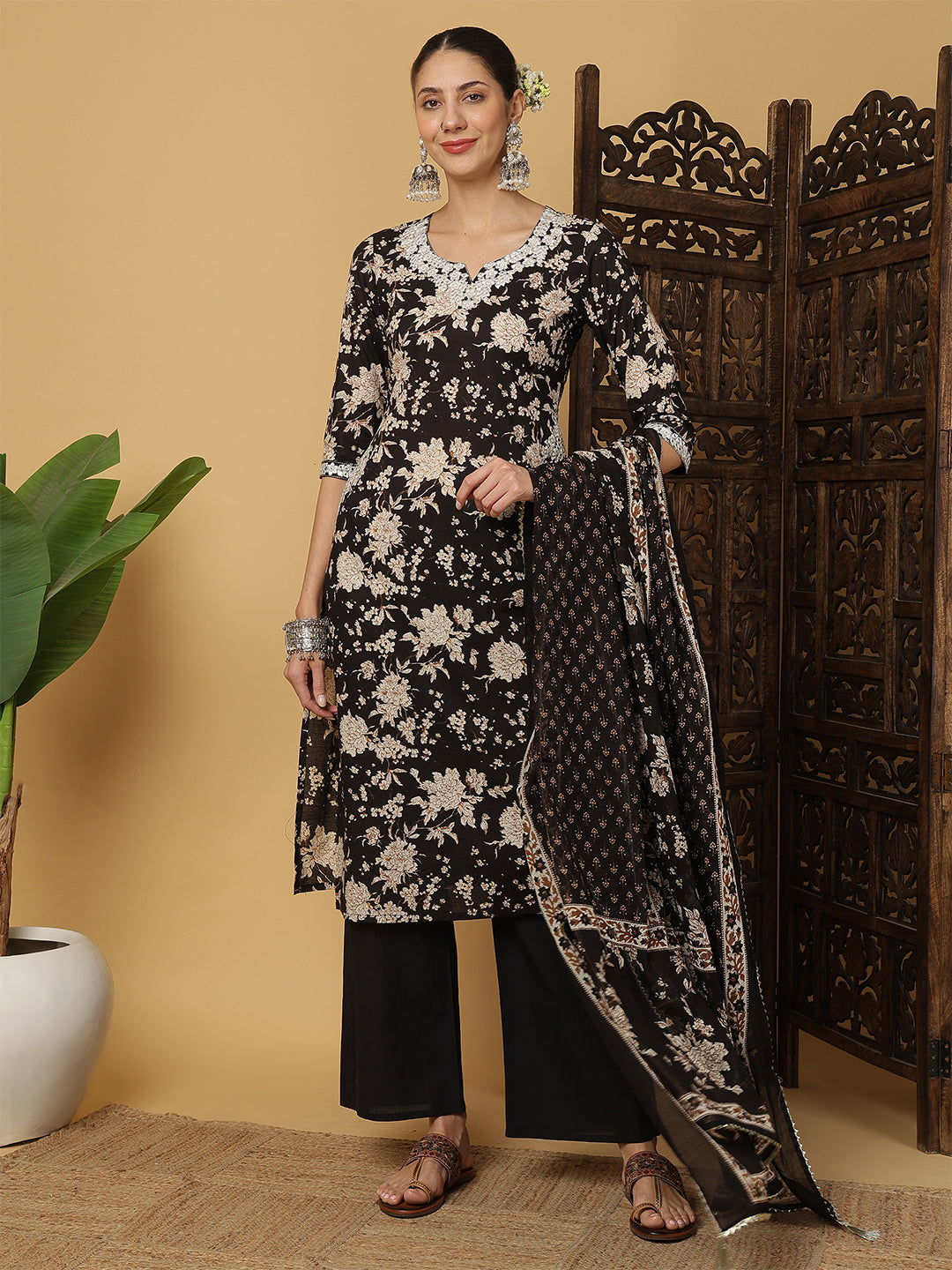 Cotton Calf Length Printed 3/4 Sleeves Round Neck Anarkali Kurta Bottom With Dupatta