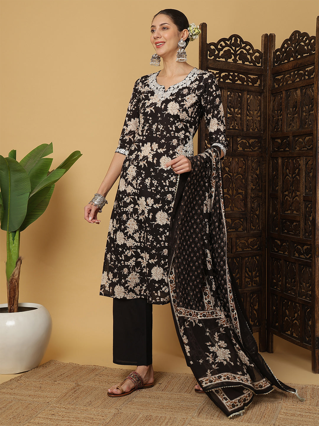 Cotton Calf Length Printed 3/4 Sleeves Round Neck Anarkali Kurta Bottom With Dupatta