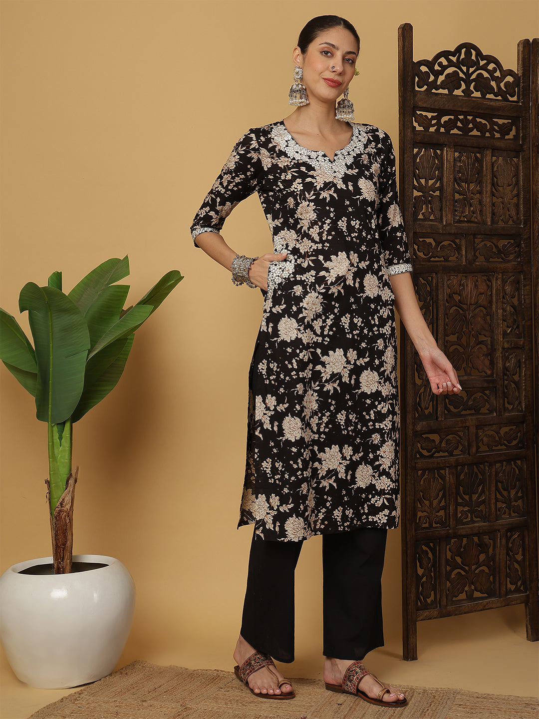 Cotton Calf Length Printed 3/4 Sleeves Round Neck Anarkali Kurta Bottom With Dupatta