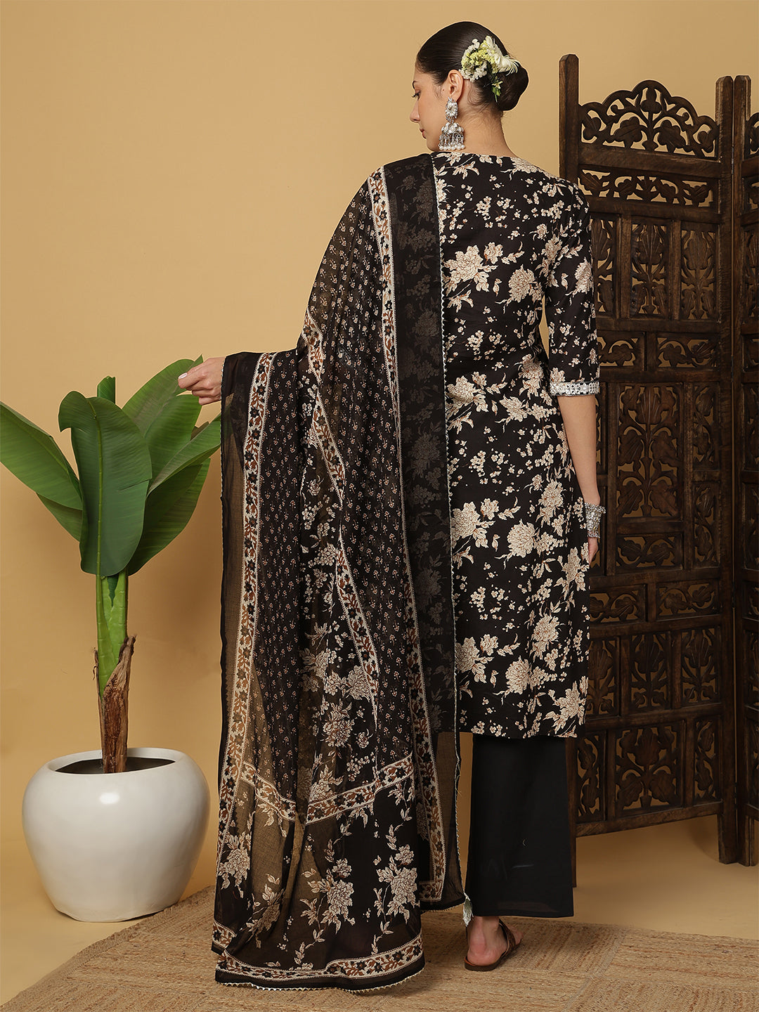 Cotton Calf Length Printed 3/4 Sleeves Round Neck Anarkali Kurta Bottom With Dupatta