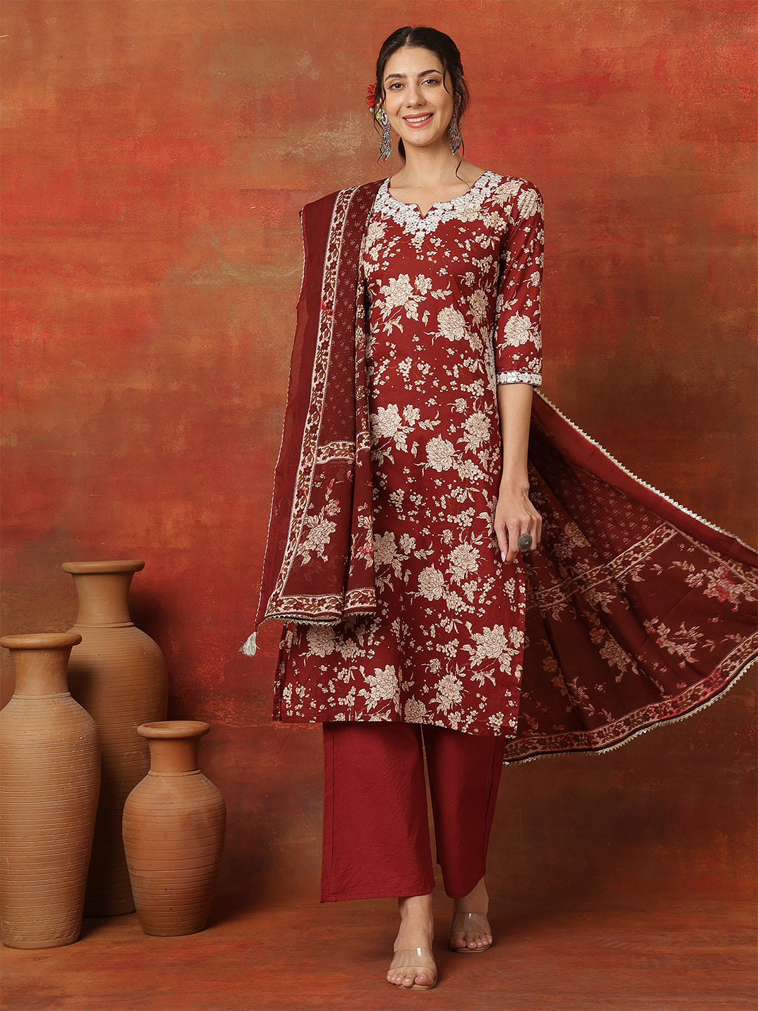 Cotton Calf Length Printed 3/4 Sleeves Round Neck Anarkali Kurta Bottom With Dupatta