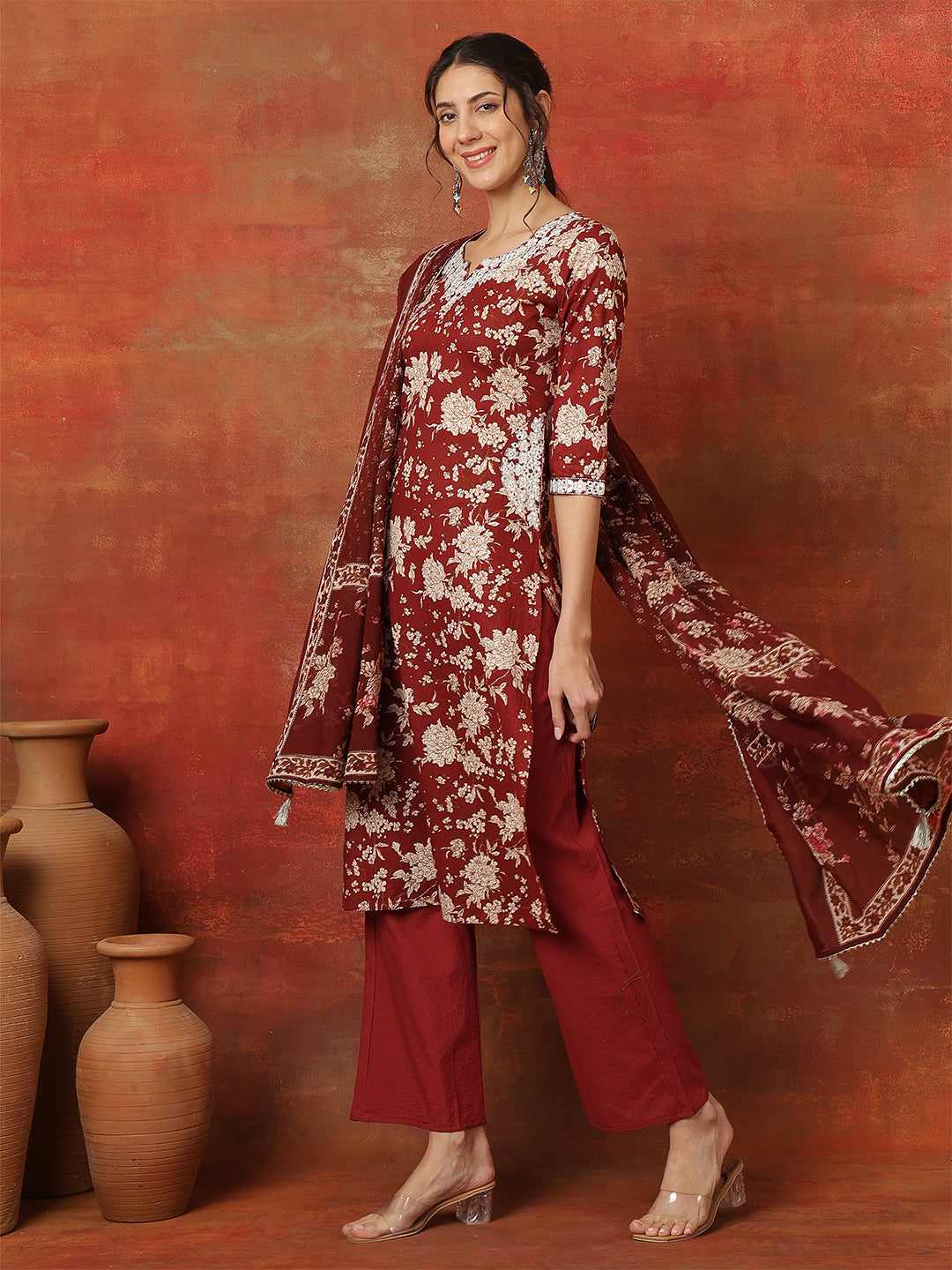 Cotton Calf Length Printed 3/4 Sleeves Round Neck Anarkali Kurta Bottom With Dupatta