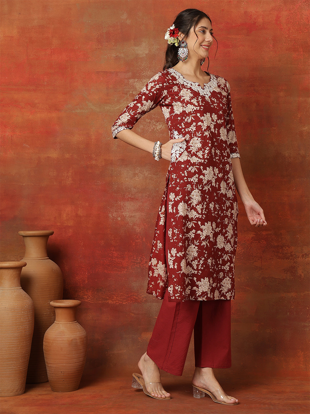 Cotton Calf Length Printed 3/4 Sleeves Round Neck Anarkali Kurta Bottom With Dupatta
