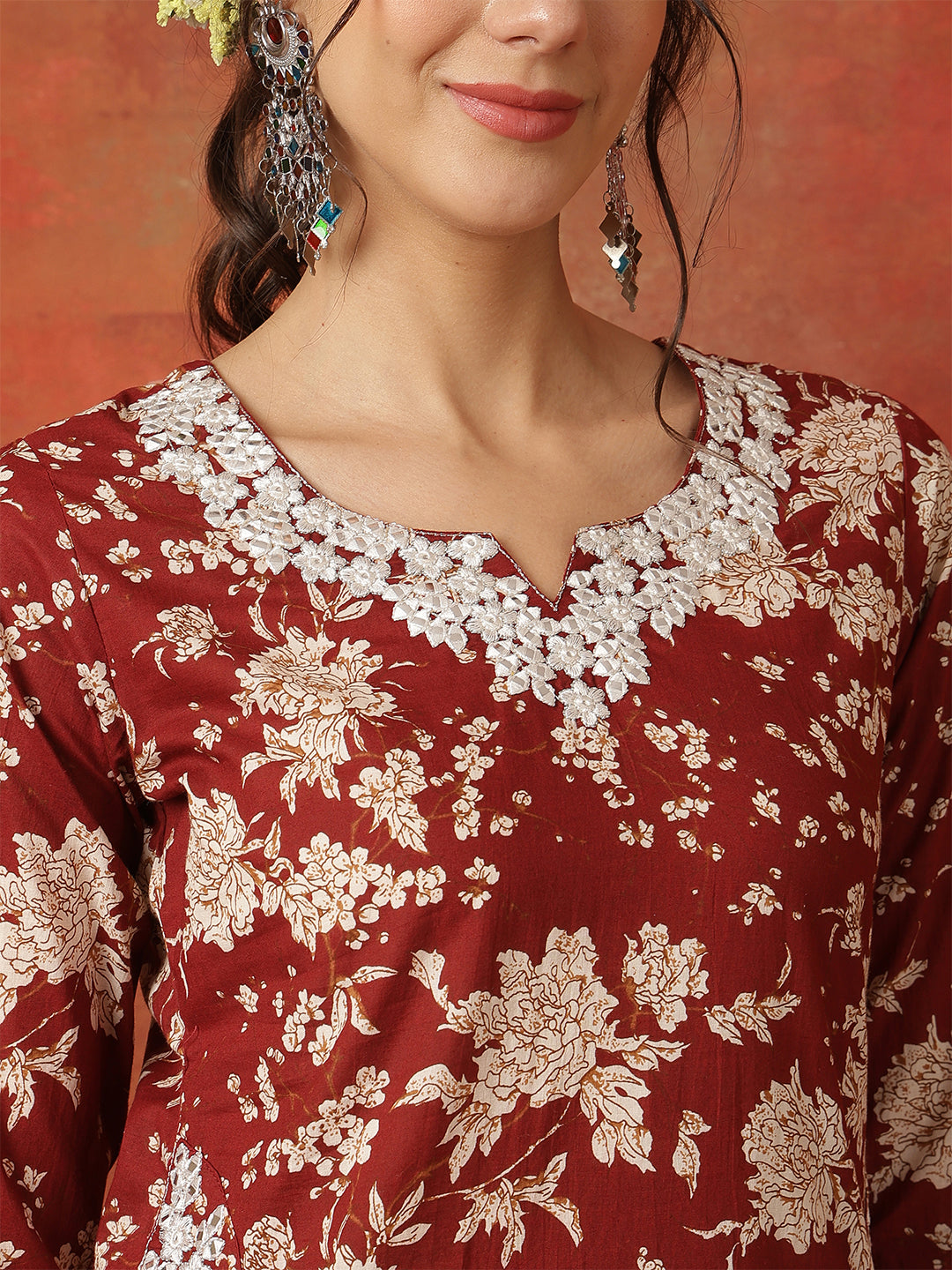 Cotton Calf Length Printed 3/4 Sleeves Round Neck Anarkali Kurta Bottom With Dupatta