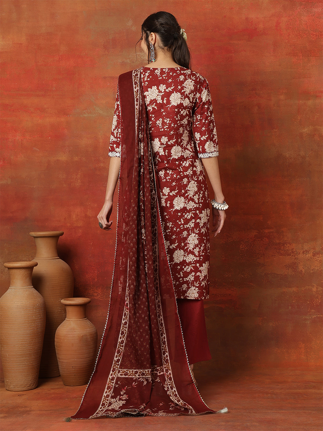 Cotton Calf Length Printed 3/4 Sleeves Round Neck Anarkali Kurta Bottom With Dupatta