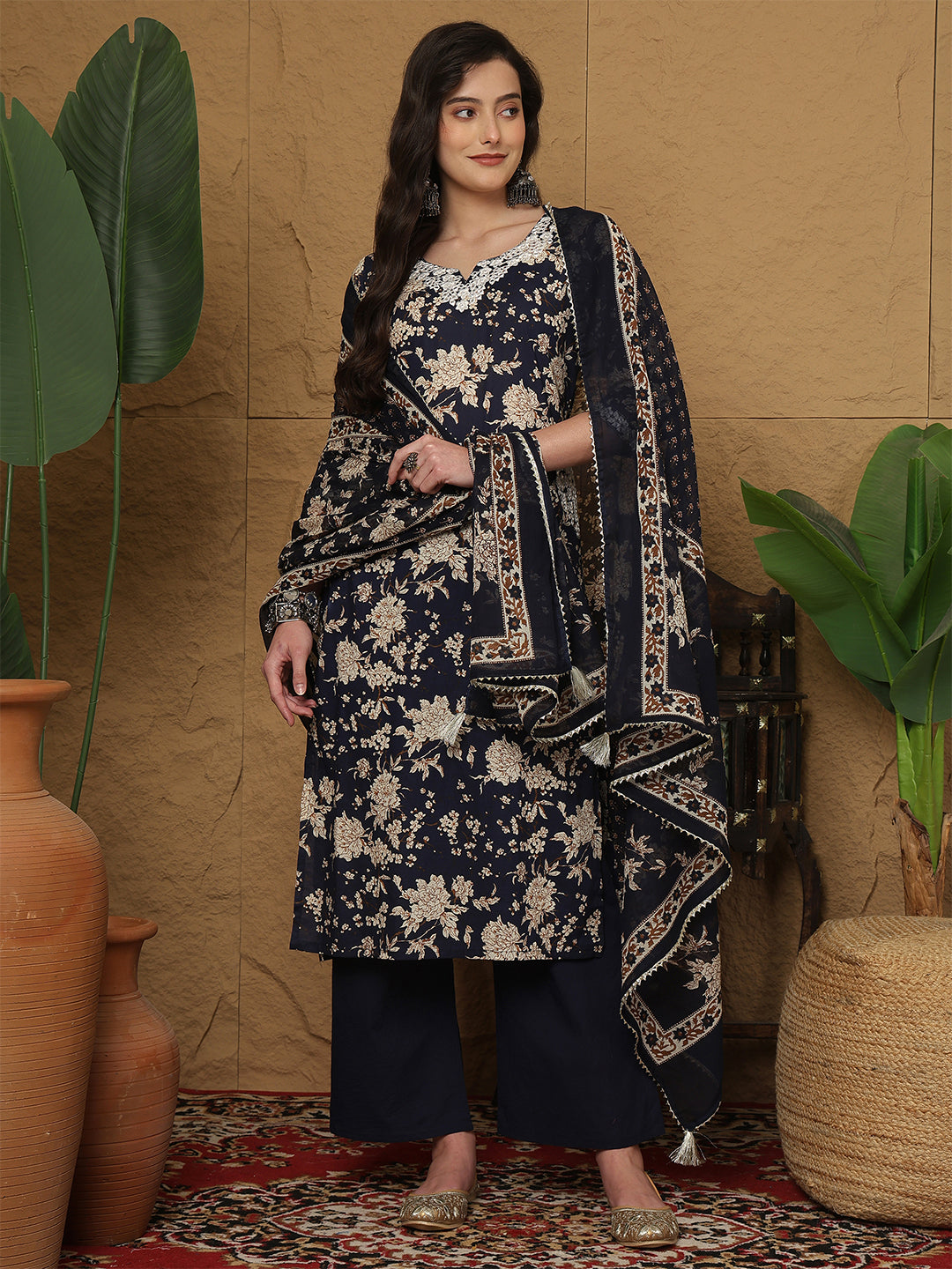 Cotton Calf Length Printed 3/4 Sleeves Round Neck Straight Kurta Bottom With Dupatta