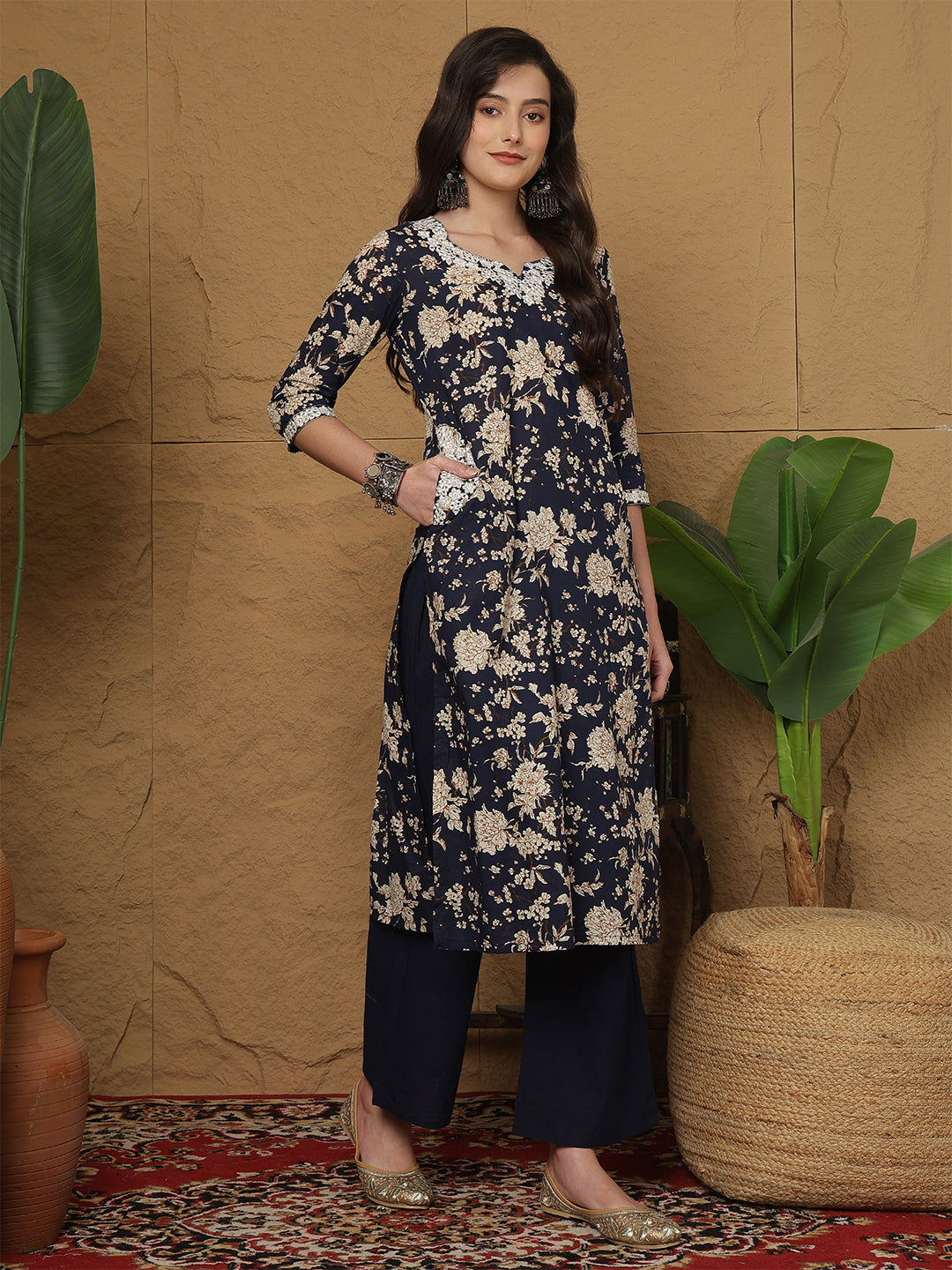 Cotton Calf Length Printed 3/4 Sleeves Round Neck Straight Kurta Bottom With Dupatta