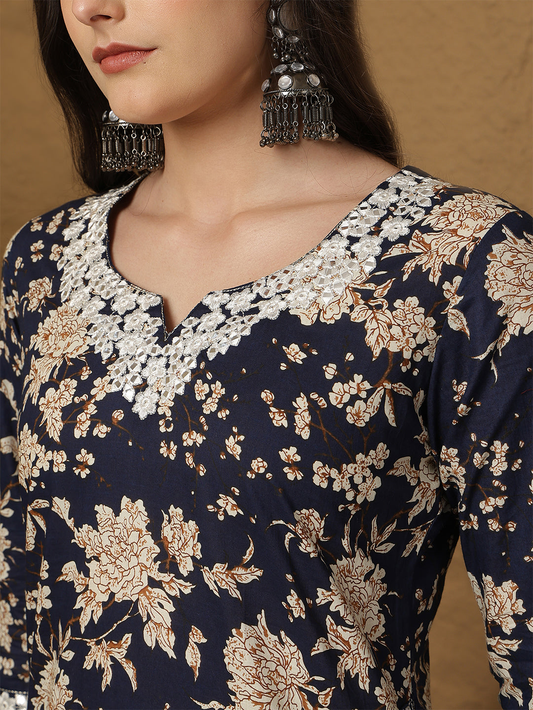 Cotton Calf Length Printed 3/4 Sleeves Round Neck Straight Kurta Bottom With Dupatta
