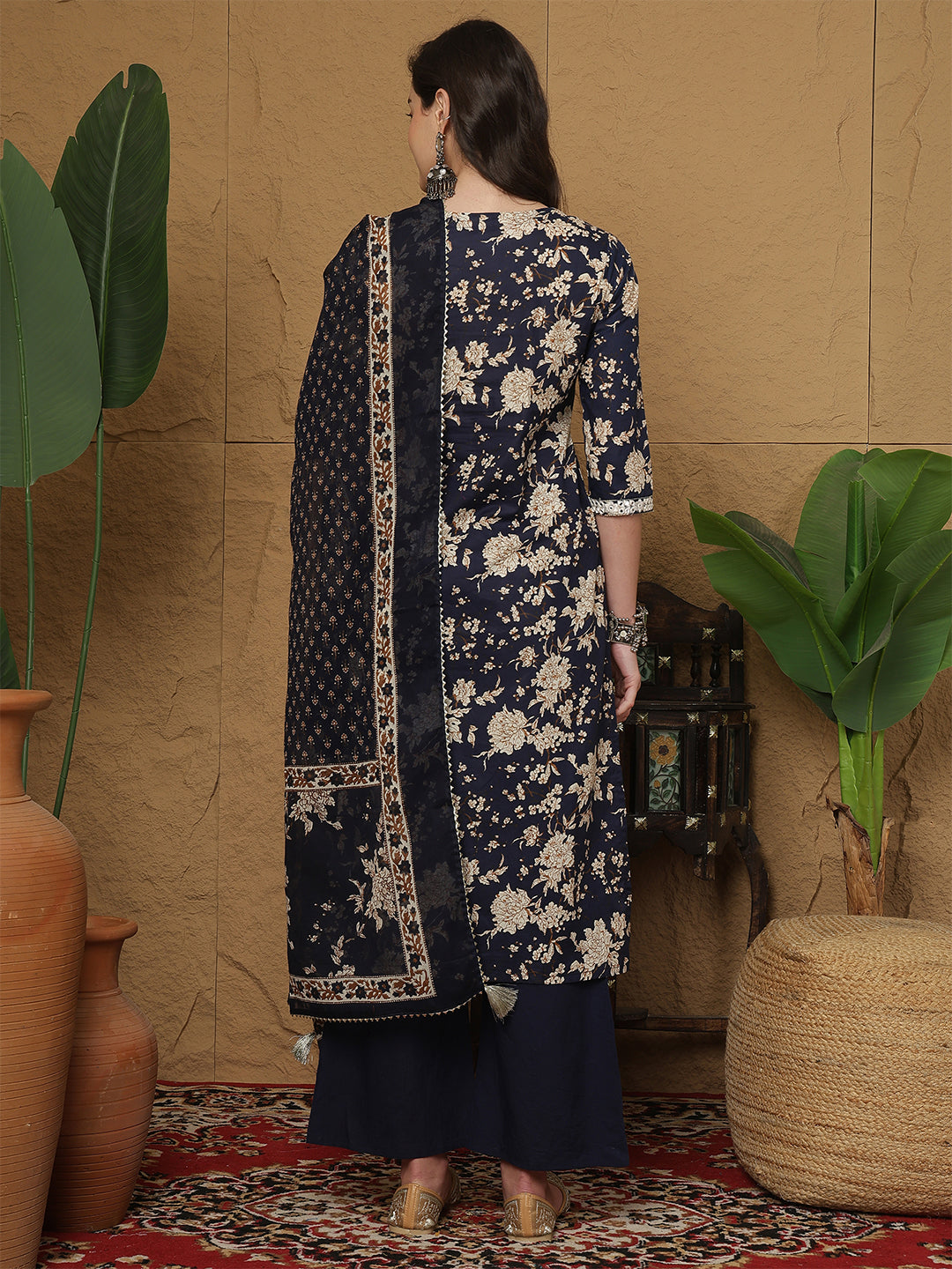 Cotton Calf Length Printed 3/4 Sleeves Round Neck Straight Kurta Bottom With Dupatta