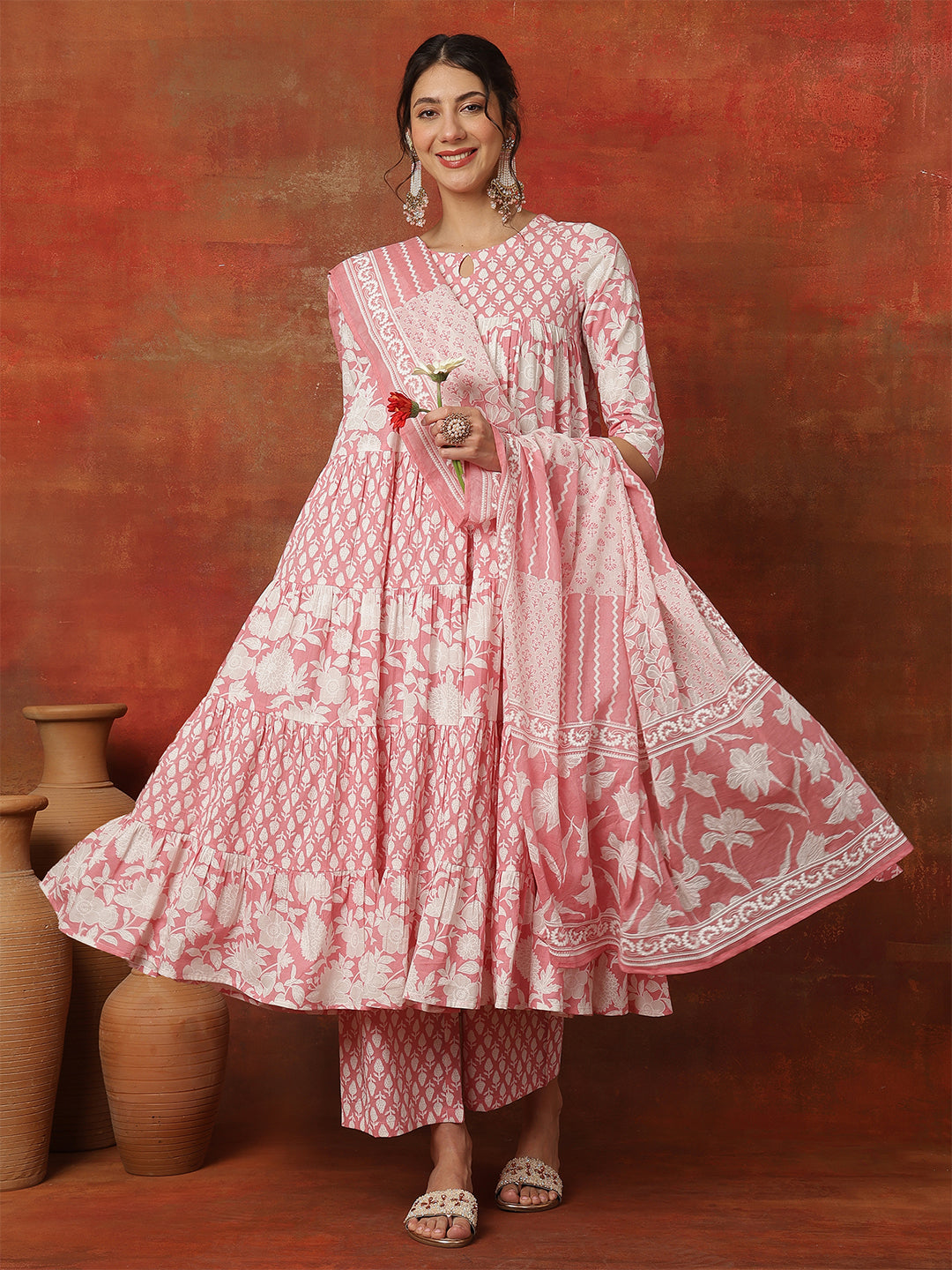 Cotton Ankle Length Printed 3/4 Sleeves Round Neck Full Flared Kurta Bottom With Dupatta