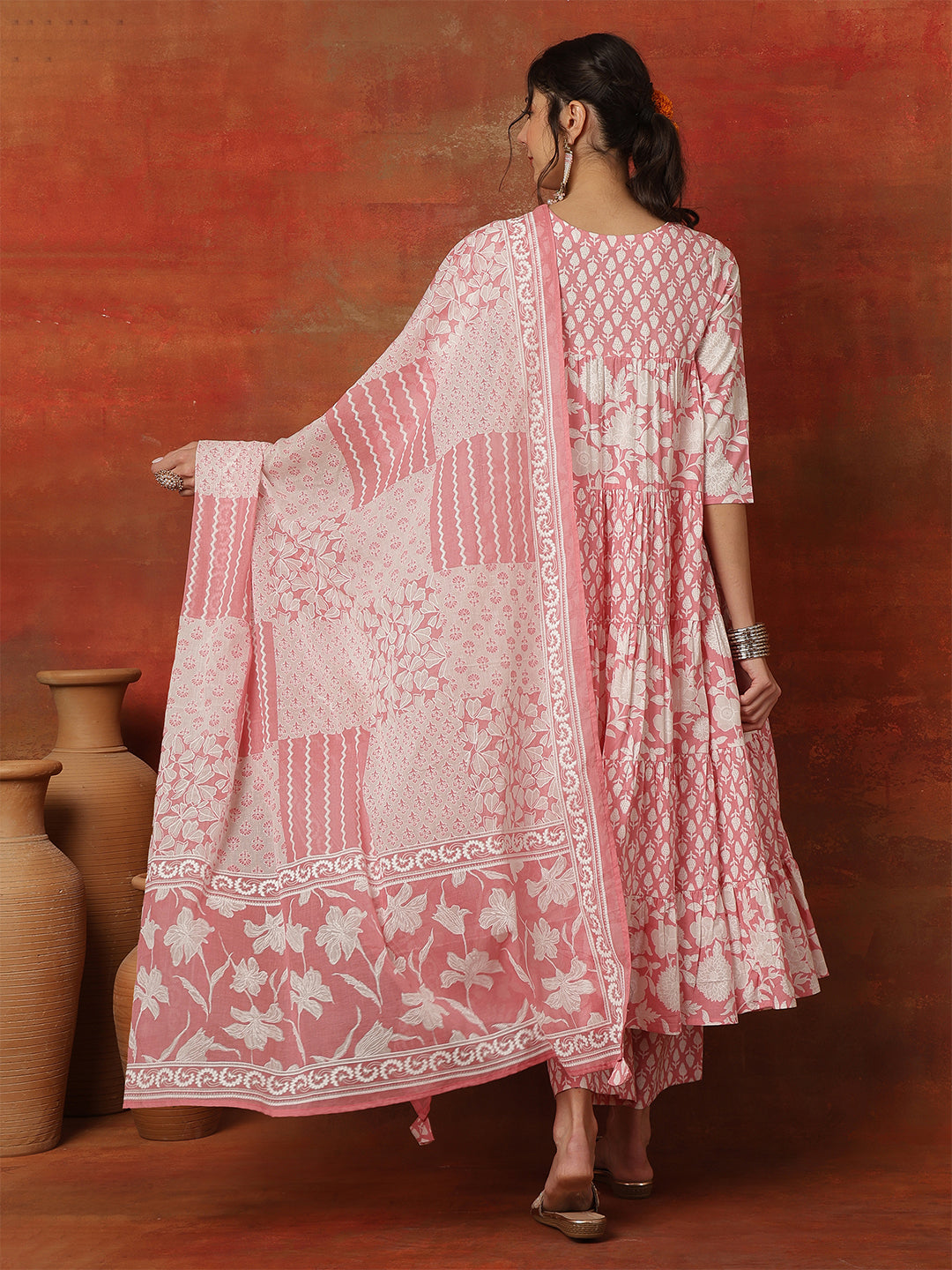 Cotton Ankle Length Printed 3/4 Sleeves Round Neck Full Flared Kurta Bottom With Dupatta