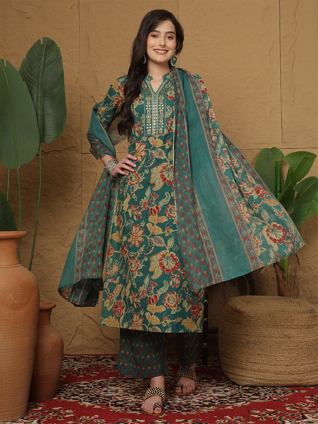 Cotton Calf Length Printed 3/4 Sleeves Mandarin Collar Straight Kurta Bottom With Dupatta