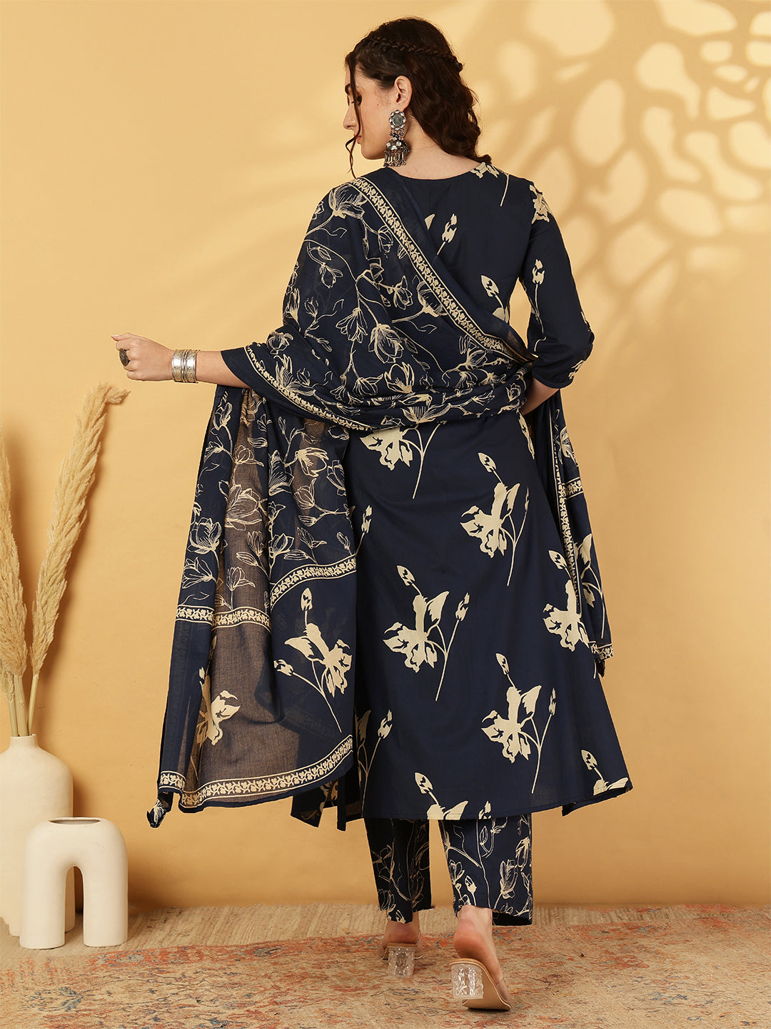 Rayon Printed Calf Length Round Neck A-Line Kurta Suit Set