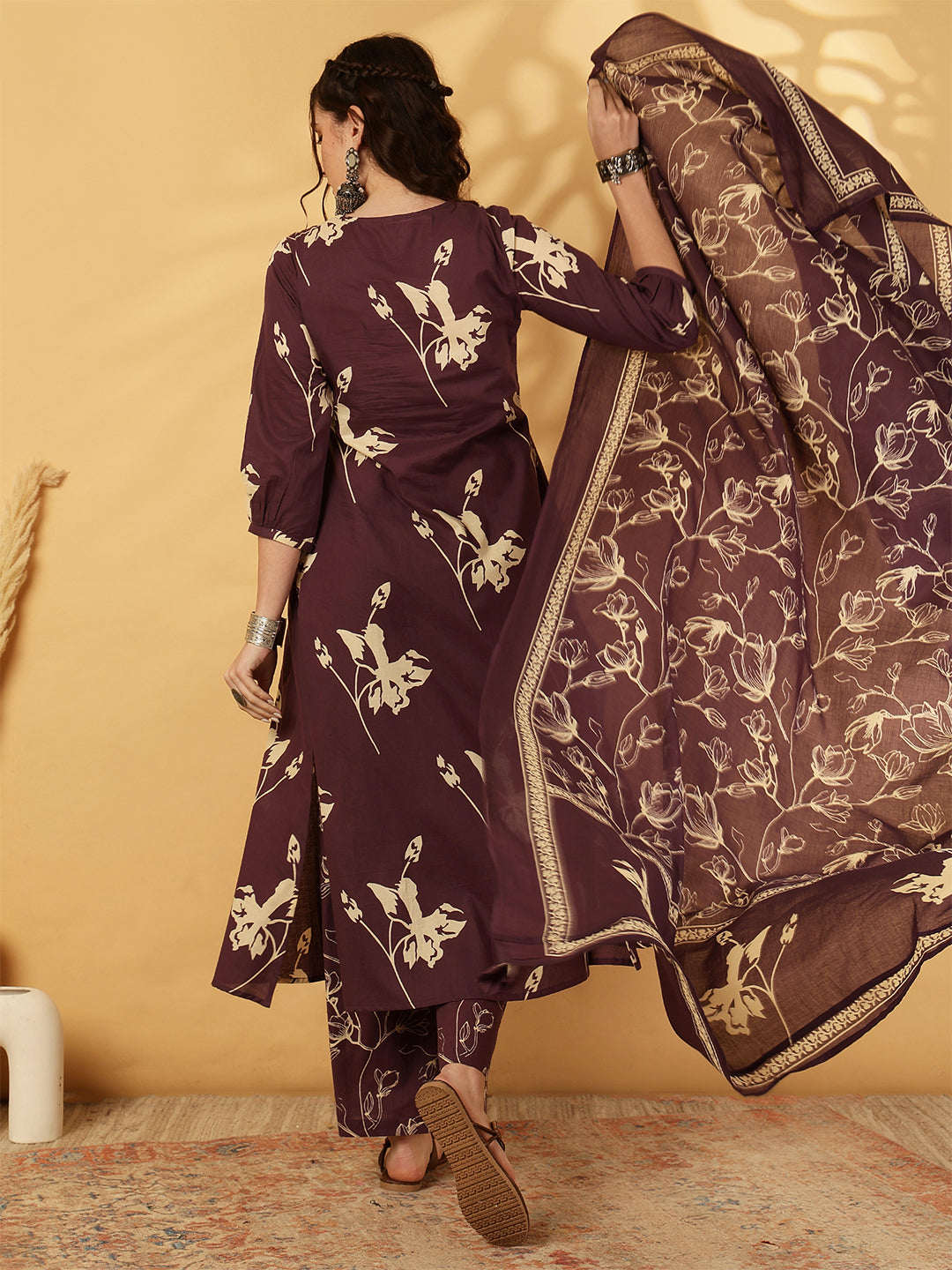 Rayon Printed Calf Length Round Neck A-Line Kurta Suit Set