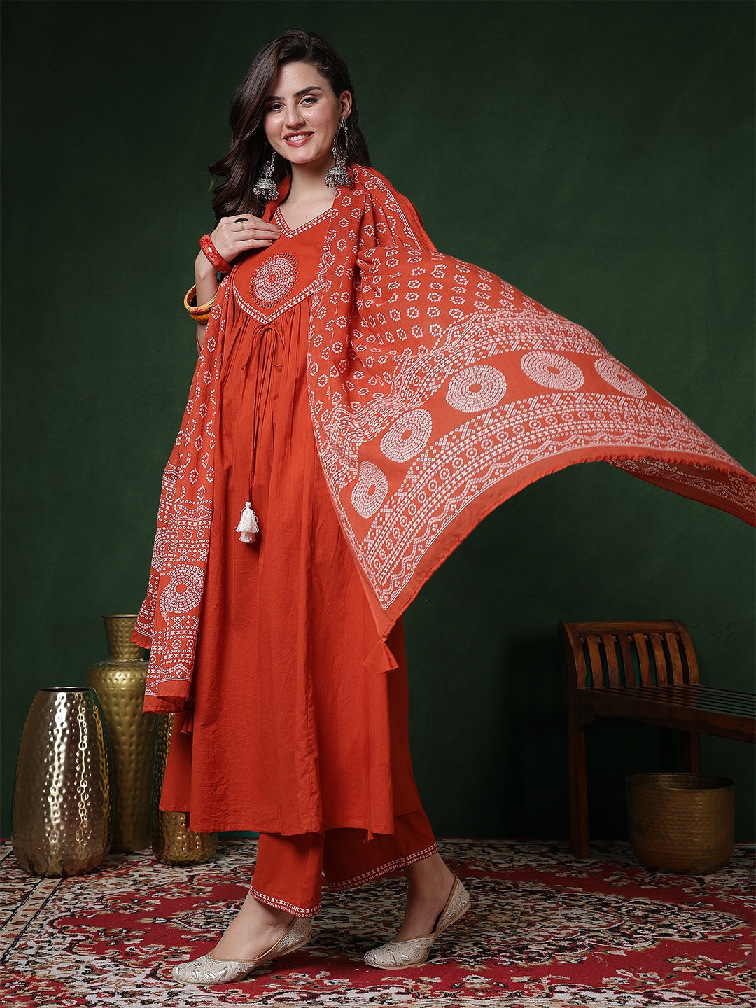Rayon Calf Length Solid 3/4 Sleeves V-Neck Semi-Flared Kurta Suit Set With Dupatta