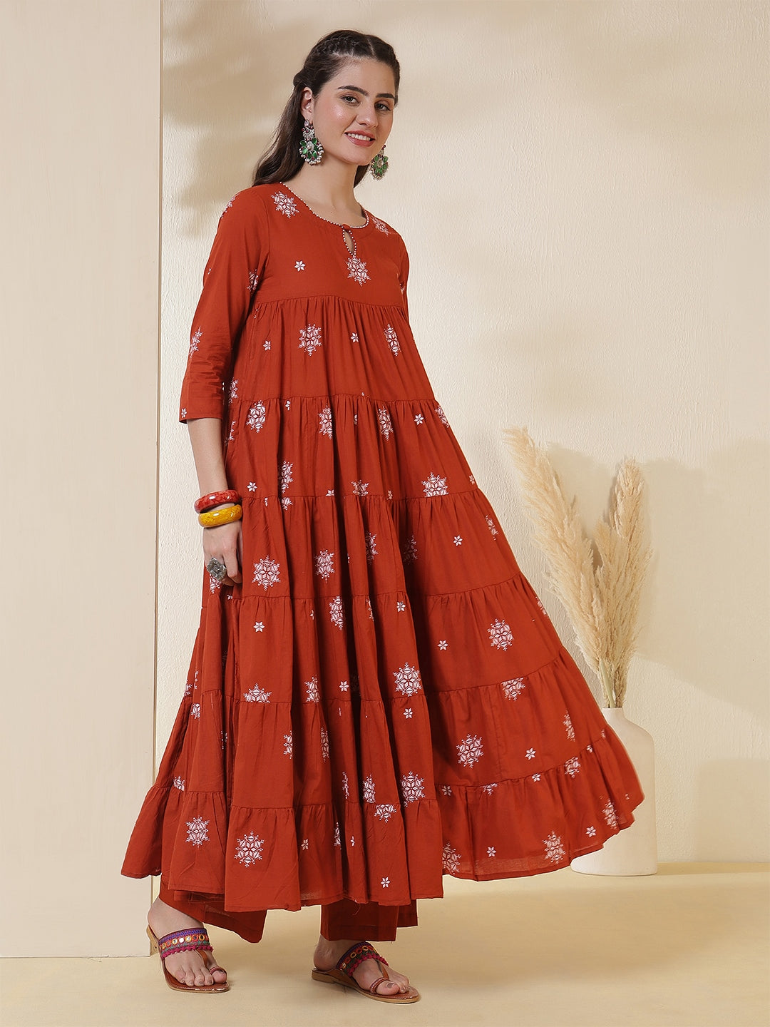 Cotton Calf Length Printed 3/4 Sleeves Round Neck Anarkali Kurta Suit Set With Dupatta