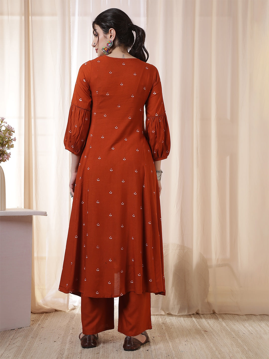 Rayon Calf Length Printed 3/4 Sleeves Round Neck Flared Kurta Suit Set With Dupatta