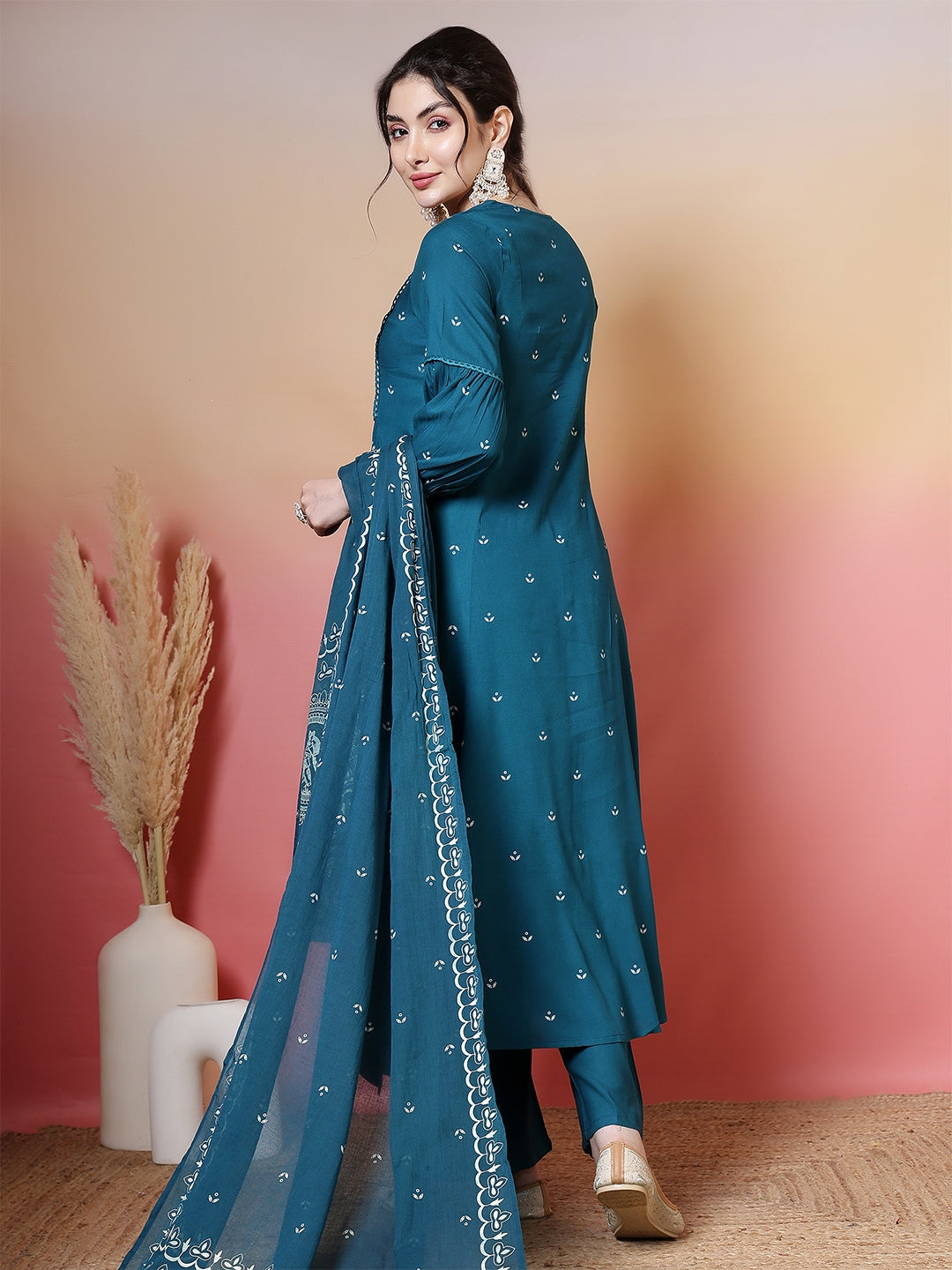Rayon Calf Length Printed 3/4 Sleeves Round Neck Flared Kurta Suit Set With Dupatta