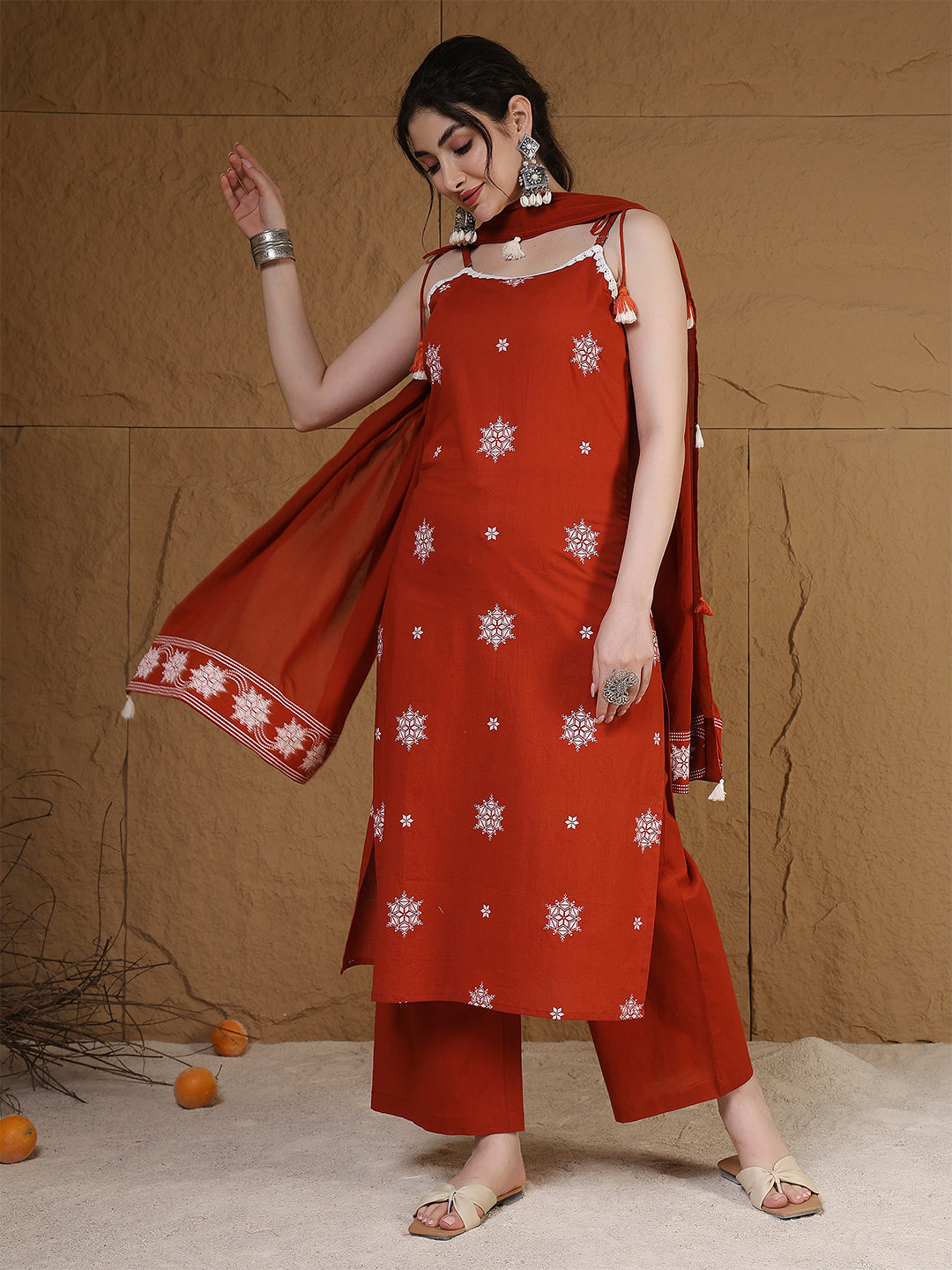 Rayon Calf Length Printed Sleeveless Round Neck Straight Kurta Suit Set With Dupatta