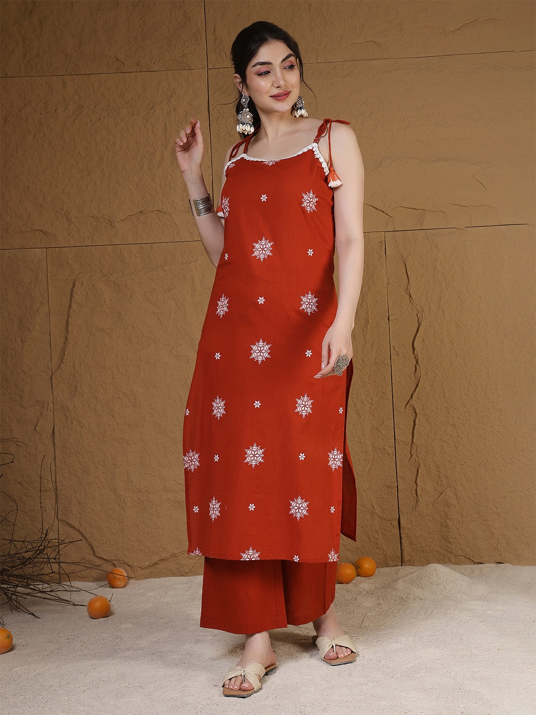Rayon Calf Length Printed Sleeveless Round Neck Straight Kurta Suit Set With Dupatta