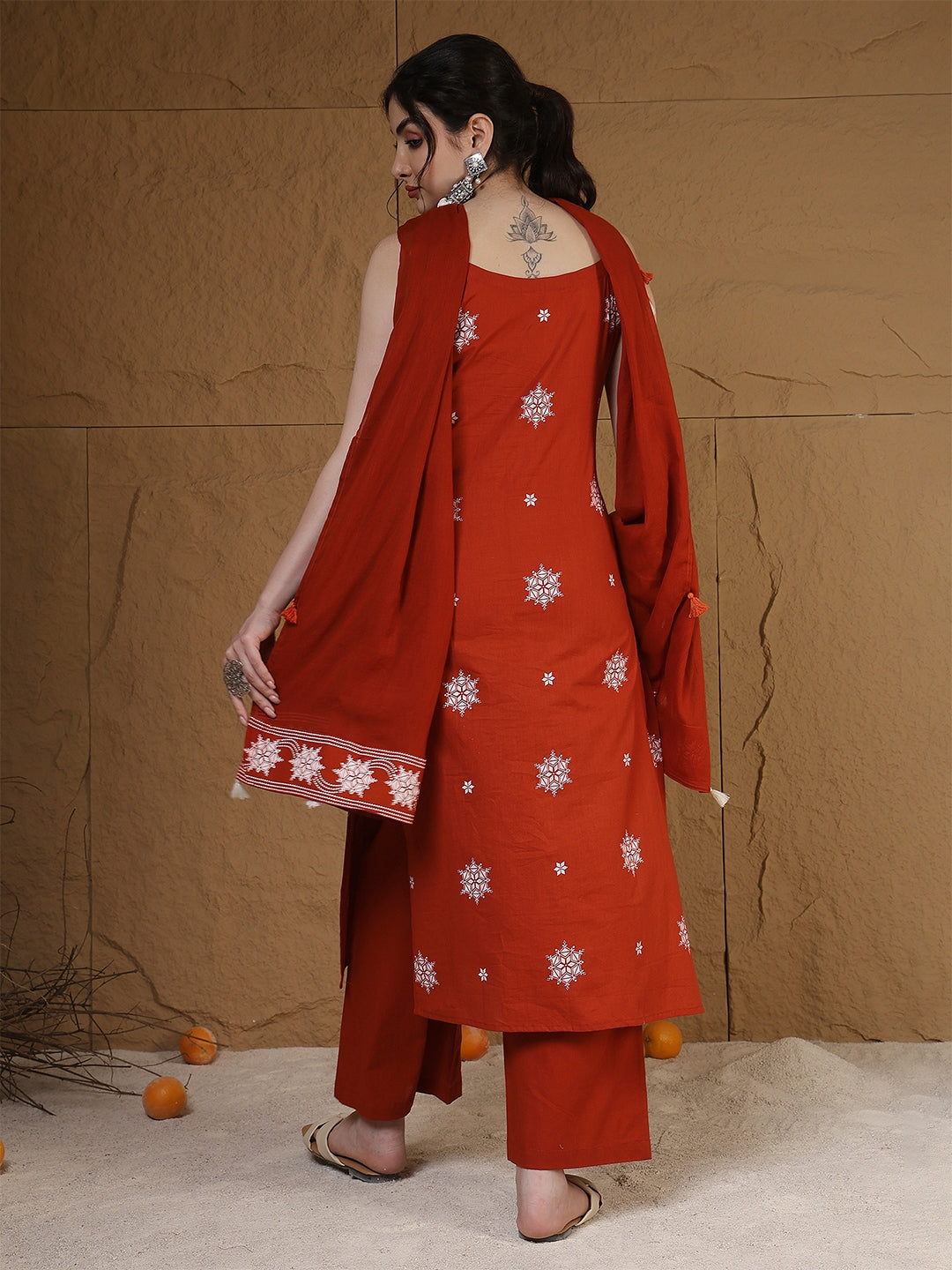 Rayon Calf Length Printed Sleeveless Round Neck Straight Kurta Suit Set With Dupatta