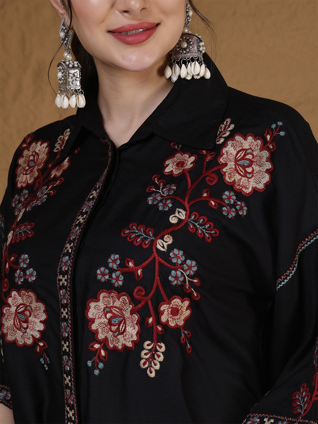 Rayon Hip Length Solid 3/4 Sleeves Shirt Collar Flared Top (Preorder)