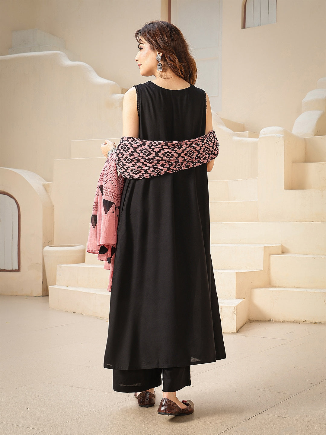 Rayon Calf Length Solid Sleeveless V-Neck A-Line Kurta Suit Set With Dupatta