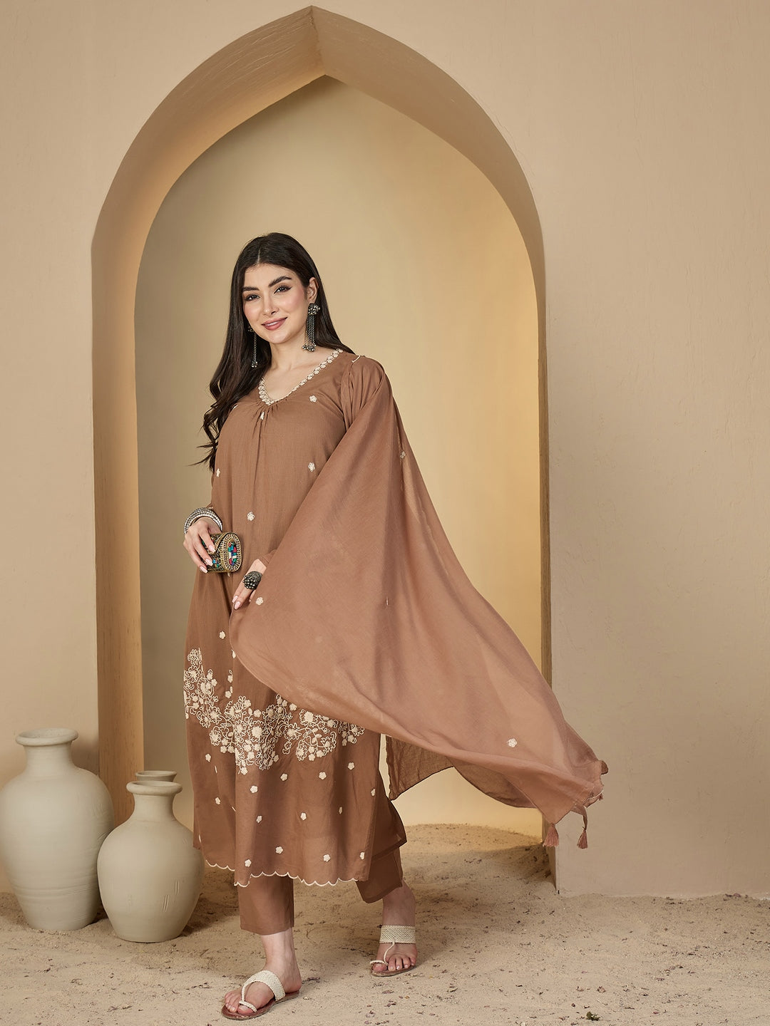 Cotton Calf Length Solid 3/4 Sleeves V-Neck A-Line Kurta Suit Set With Dupatta