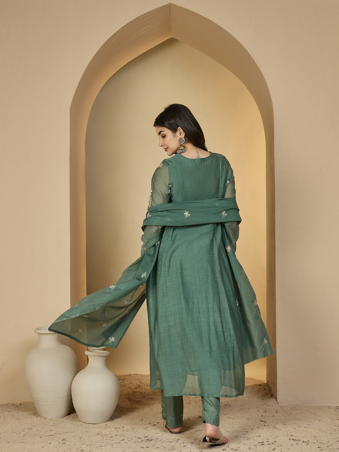 Chanderi Calf Length Solid 3/4 Sleeves V-Neck Flared Kurta Suit Set With Dupatta