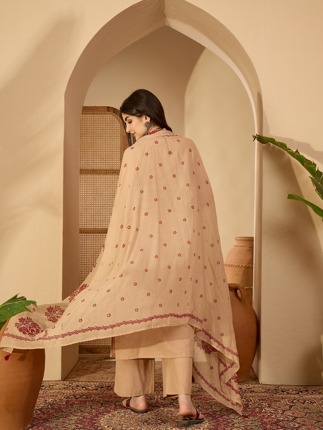 Cotton Calf Length Printed Sleeveless Round Neck Straight Kurta Suit Set With Dupatta (Preorder)