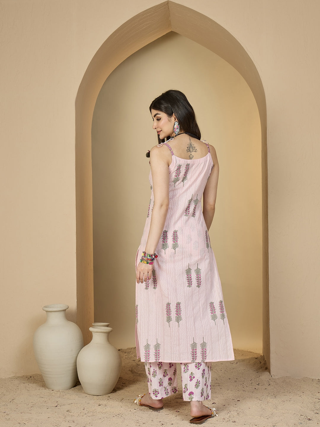 Rayon Calf Length Printed Sleeveless Strappy Straight Kurta Suit Set
