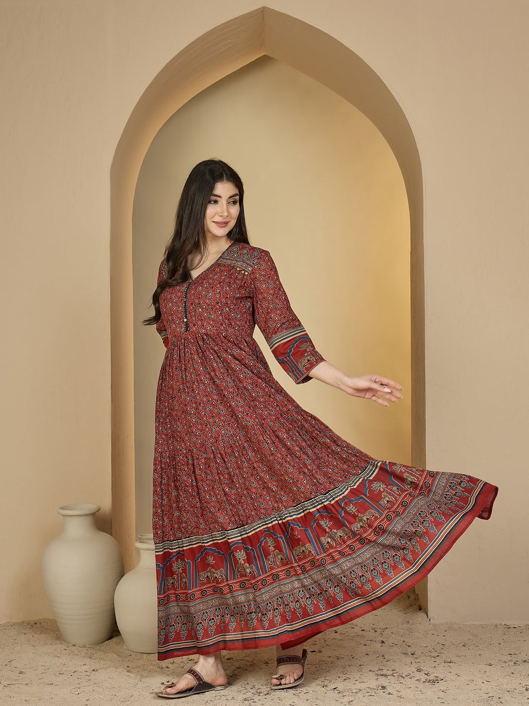 Cotton Calf Length Printed 3/4 Sleeves V-Neck Anarkali Kurta